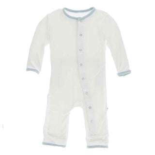 Solid Bamboo Coverall with Snaps - Natural with Spring Sky KicKee Pants