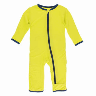 Solid Bamboo Coverall with Zipper - Banana with Flag Blue KicKee Pants