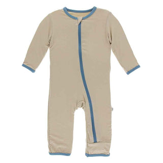 Solid Bamboo Coverall with Zipper - Burlap with Blue Moon KicKee Pants