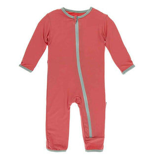 Solid Bamboo Coverall with Zipper - English Rose with Jade KicKee Pants