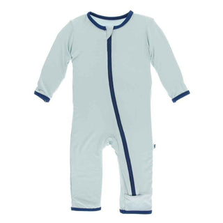 Solid Bamboo Coverall with Zipper - Spring Sky with Navy KicKee Pants