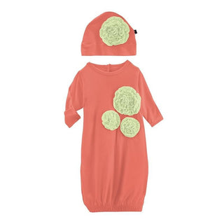 Solid Bamboo Dahlia Flower Layette Gown & Flower Hat Set - English Rose with Field Green (SP21) Baby & Toddler Sleepwear