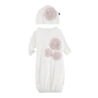 Solid Bamboo Dahlia Flower Layette Gown & Flower Hat Set - Natural with Baby Rose (SP21) Baby & Toddler Sleepwear