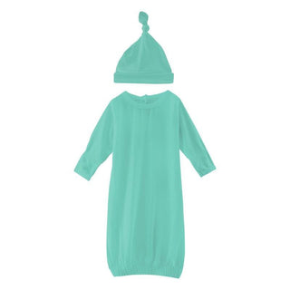 Solid Bamboo Layette Gown & Single Knot Hat Set - Glass (TBD22) KicKee Pants