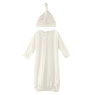 Solid Bamboo Layette Gown & Single Knot Hat Set - Natural (RT) KicKee Pants