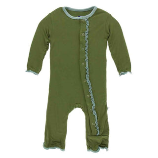 Solid Bamboo Muffin Ruffle Coverall with Snaps - Moss with Shore KicKee Pants