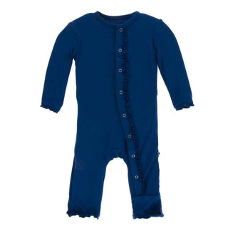 Solid Bamboo Muffin Ruffle Coverall with Snaps - Navy Baby & Toddler Sleepwear