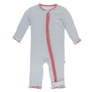 Solid Bamboo Muffin Ruffle Coverall with Zipper - Dew with Strawberry KicKee Pants