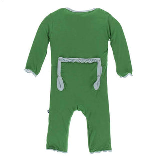 Solid Bamboo Muffin Ruffle Coverall with Zipper - Fern with Spring Sky KicKee Pants