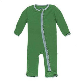 Solid Bamboo Muffin Ruffle Coverall with Zipper - Fern with Spring Sky KicKee Pants