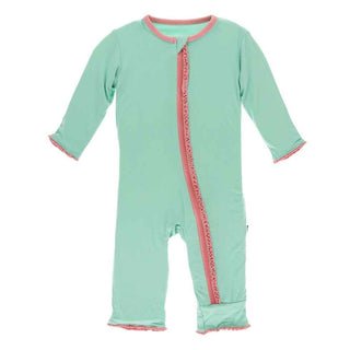 Solid Bamboo Muffin Ruffle Coverall with Zipper - Glass with Strawberry KicKee Pants