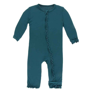 Solid Bamboo Muffin Ruffle Coverall with Zipper - Oasis KicKee Pants