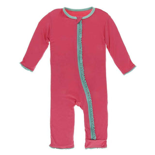 Solid Bamboo Muffin Ruffle Coverall with Zipper - Red Ginger with Glass KicKee Pants