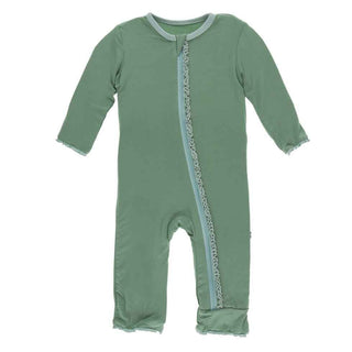 Solid Bamboo Muffin Ruffle Coverall with Zipper - Shore with Spring Sky KicKee Pants