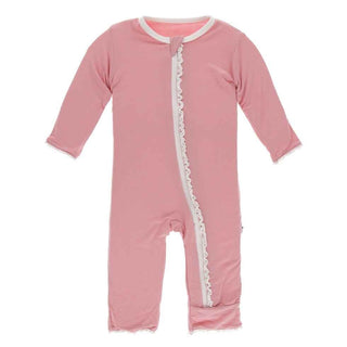 Solid Bamboo Muffin Ruffle Coverall with Zipper - Strawberry with Natural KicKee Pants