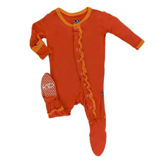 Solid Bamboo Muffin Ruffle Footie with Snaps, Poppy with Sunset KicKee Pants