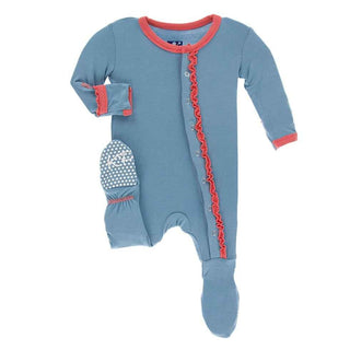 Solid Bamboo Muffin Ruffle Footie with Snaps - Blue Moon with English Rose Baby & Toddler Sleepwear