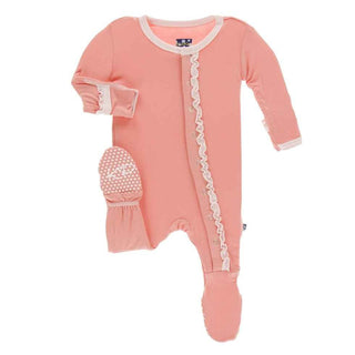 Solid Bamboo Muffin Ruffle Footie with Snaps - Blush with Macaroon Baby & Toddler Sleepwear