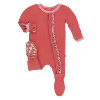 Solid Bamboo Muffin Ruffle Footie with Snaps - English Rose with Lotus KicKee Pants