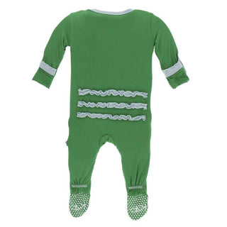 Solid Bamboo Muffin Ruffle Footie with Snaps - Fern with Spring Sky KicKee Pants