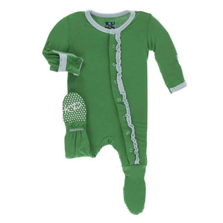 Solid Bamboo Muffin Ruffle Footie with Snaps - Fern with Spring Sky KicKee Pants