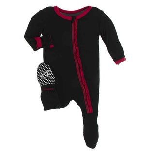 Solid Bamboo Muffin Ruffle Footie with Zipper - Midnight with Crimson WC20 Baby & Toddler Sleepwear