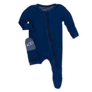 Solid Bamboo Muffin Ruffle Footie with Zipper - Navy KicKee Pants