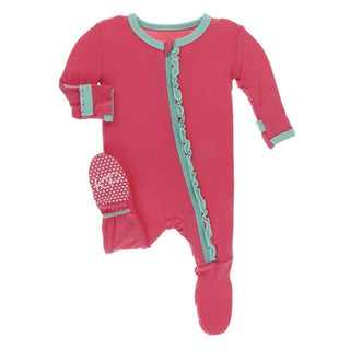 Solid Bamboo Muffin Ruffle Footie with Zipper - Red Ginger with Glass KicKee Pants