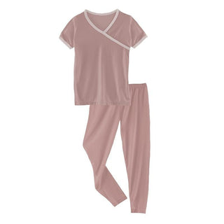 Solid Bamboo Short Sleeve Kimono Pajama Set - Antique Pink with Baby Rose (SP21) KicKee Pants