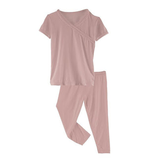 KicKee Pants Solid Short Sleeve Scallop Kimono Pajama Set - Antique Pink SP21 | Stylish Sleepies offer designs that make bedtime beautiful.