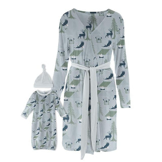 Women's Print Bamboo Maternity/Nursing Robe & Layette Gown Set - Pearl Blue Wilderness Guide Robes