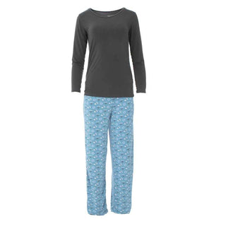 Women's Bamboo Long Sleeve Loosey Goosey Tee & Pajama Pants Set - Blue Moon Hanukkah Pajamas