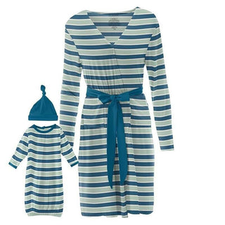 Women's Bamboo Maternity/Nursing Robe & Layette Gown Set - Seaside Cafe Stripe Robes