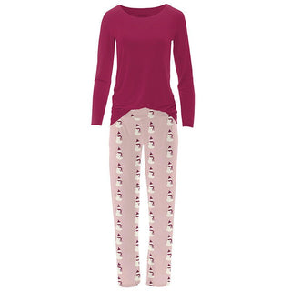 Women's Print Bamboo Long Sleeve Loosey Goosey Tee & Pajama Pants Set - Baby Rose Snowman Pajamas