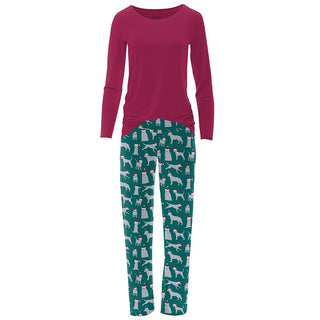 Women's Print Bamboo Long Sleeve Loosey Goosey Tee & Pajama Pants Set - Cedar Santa Dogs Pajamas