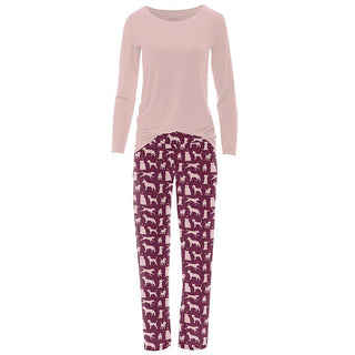 Women's Print Bamboo Long Sleeve Loosey Goosey Tee & Pajama Pants Set - Melody Santa Dogs Pajamas