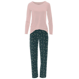 Women's Print Bamboo Long Sleeve Loosey Goosey Tee & Pajama Pants Set - Pine Mistletoe Pajamas