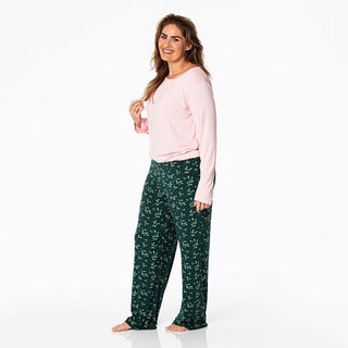 KicKee Pants Women's Print Bamboo Long Sleeve Loosey Goosey Tee & Pajama Pants Set - Pine Mistletoe