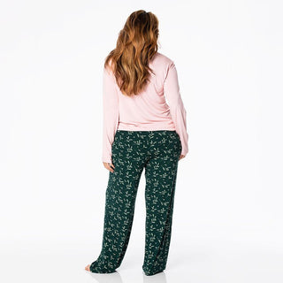 KicKee Pants Women's Print Bamboo Long Sleeve Loosey Goosey Tee & Pajama Pants Set - Pine Mistletoe