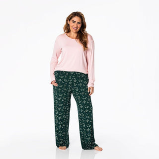 Women's Print Bamboo Long Sleeve Loosey Goosey Tee & Pajama Pants Set - Pine Mistletoe Pajamas