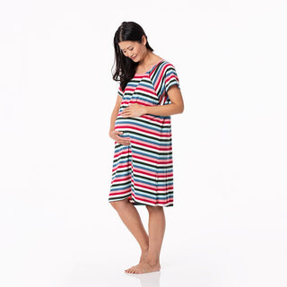 Women's Print Bamboo Labor and Delivery Hospital Gown - Snowball Multi Stripe Hospital Gowns