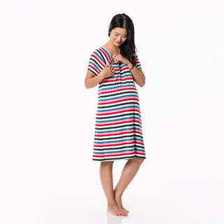 Women's Print Bamboo Labor and Delivery Hospital Gown - Snowball Multi Stripe Hospital Gowns