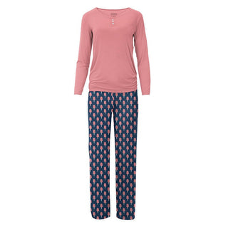 Women's Print Bamboo Long Sleeve Henley Tee & Pajama Pant Set - Navy Cotton Candy Pajamas