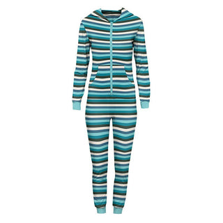 KicKee Pants Womens Print Long Sleeve Jumpsuit with Hood - Ice Multi Stripe