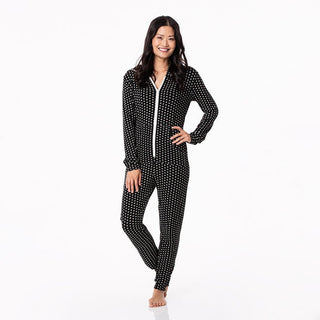 KicKee Pants Womens Print Long Sleeve Jumpsuit with Hood - Midnight Tiny Snowflakes