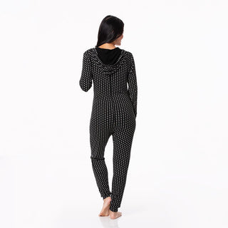 Women's Print Bamboo Long Sleeve Jumpsuit with Hood - Midnight Tiny Snowflakes Jumpsuits & Rompers