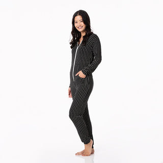 Women's Print Bamboo Long Sleeve Jumpsuit with Hood - Midnight Tiny Snowflakes Jumpsuits & Rompers