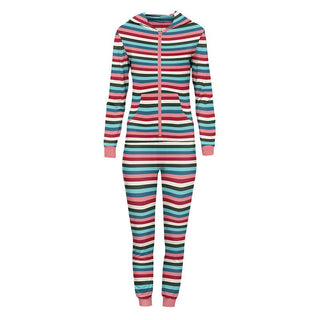 KicKee Pants Womens Print Long Sleeve Jumpsuit with Hood - Snowball Multi Stripe