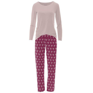 Women's Print Bamboo Long Sleeve Loosey Goosey Tee & Pajama Pants Set - Berry Ski Birds Pajamas