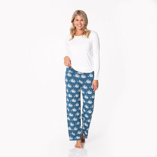 Women's Print Bamboo Long Sleeve Loosey Goosey Tee & Pajama Pants Set - Deep Sea Sailboat Race Pajamas